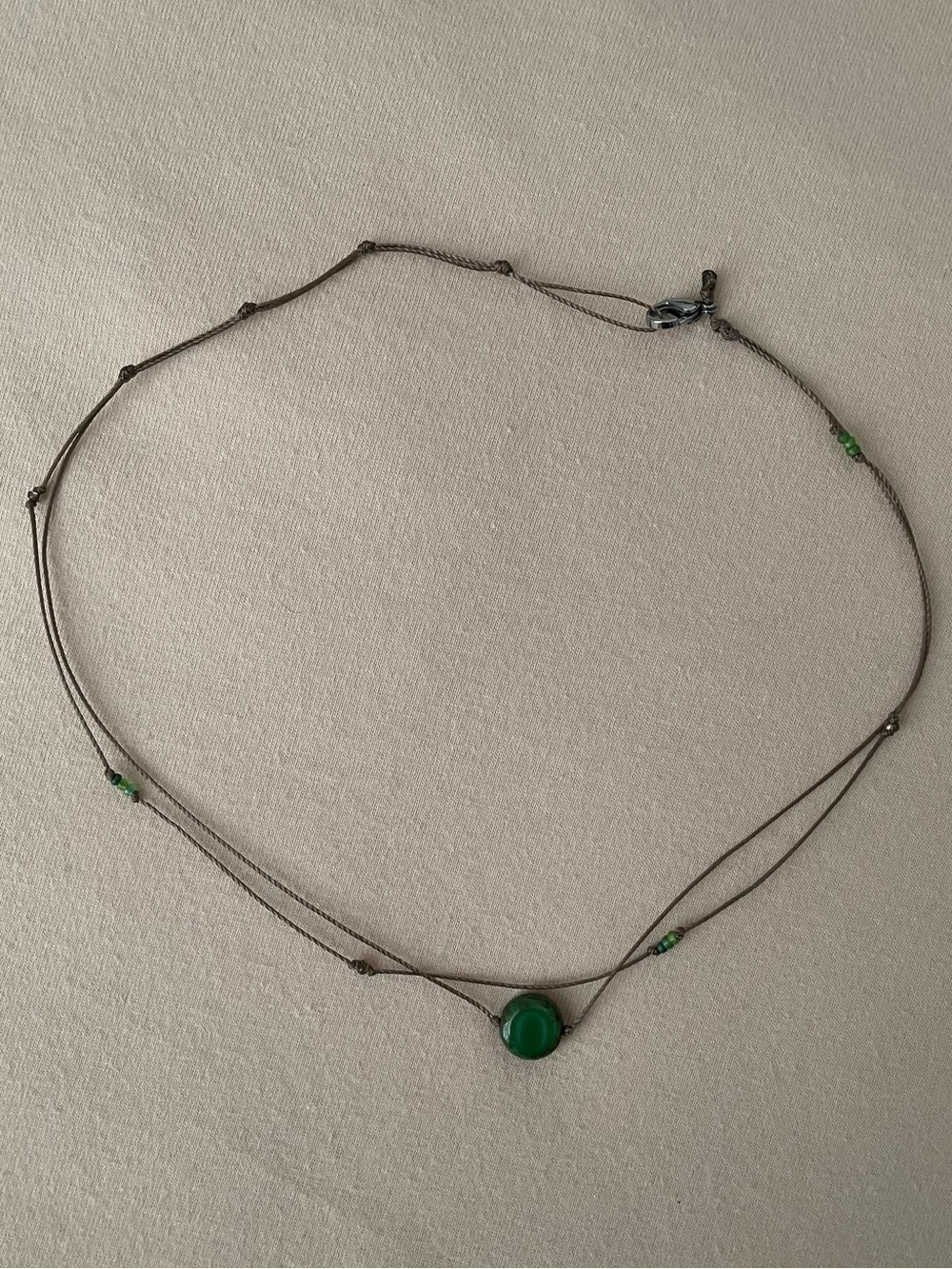 Women's Dainty Boho Choker Necklace with Green Pendant and Brown Cord